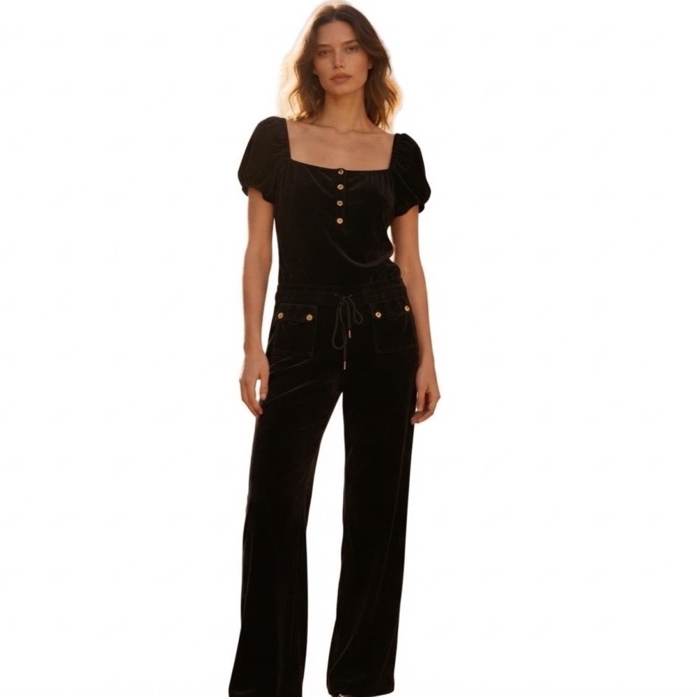 Vintage Juicy Couture Black Velour Jumpsuit Puff Sleeve Wide Leg XL Gold Y2K USA